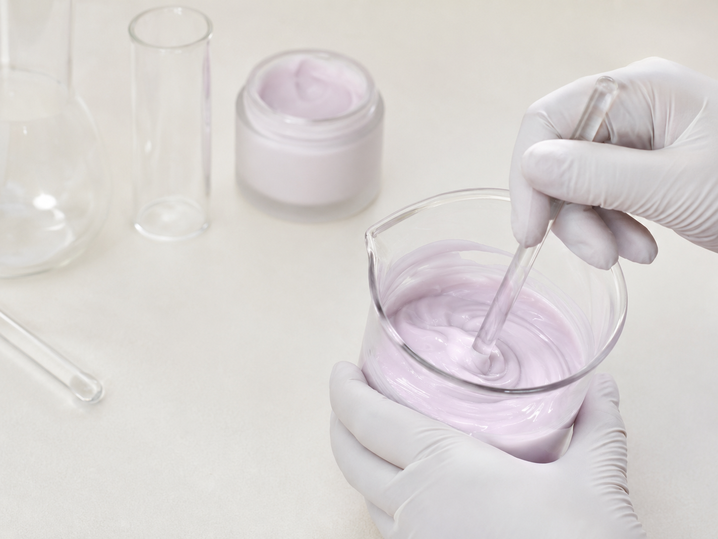 Preparación cuidadosa de una fórmula cosmética en laboratorio