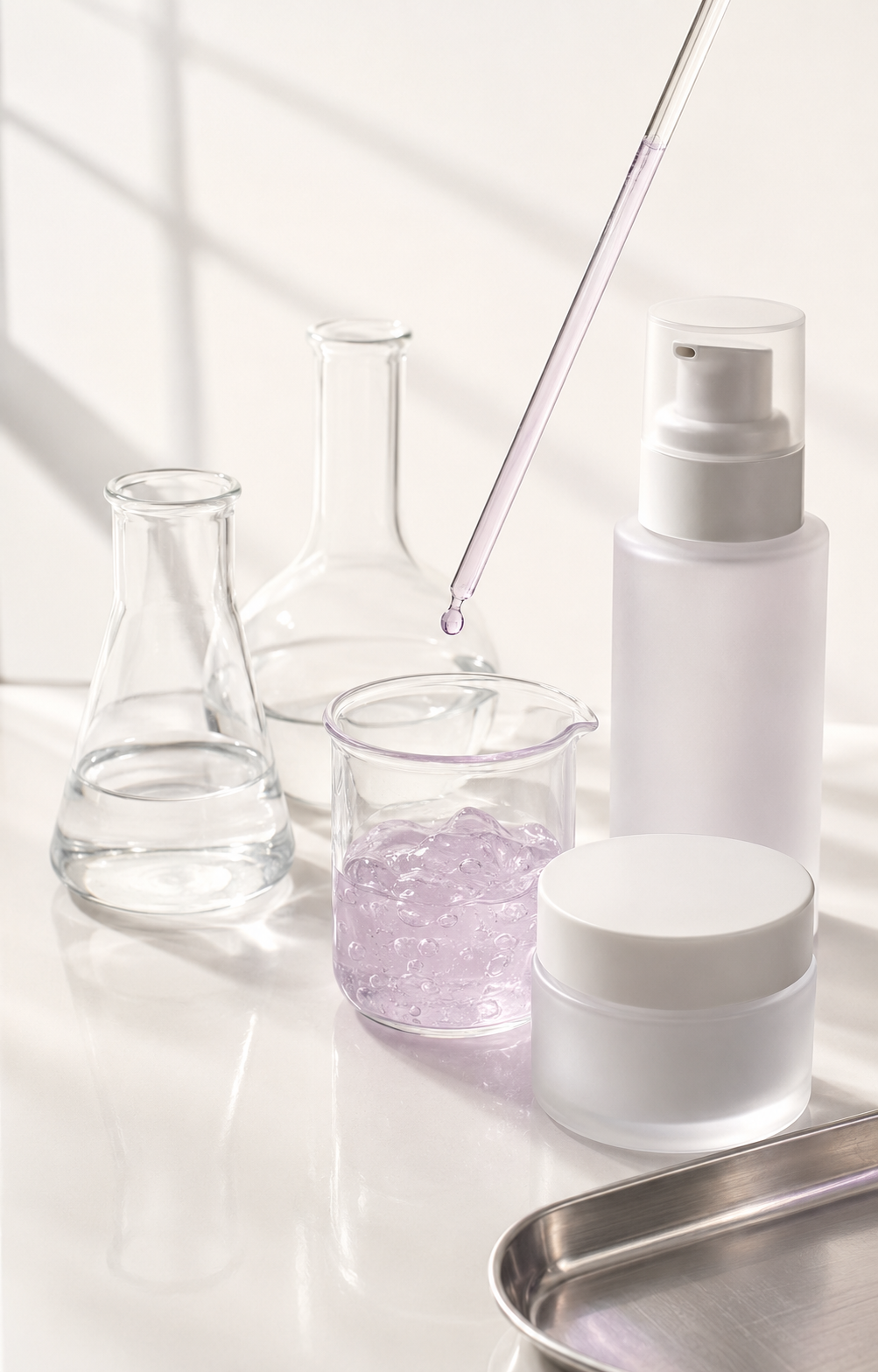 Material de laboratorio y envases cosméticos en un espacio de formulación